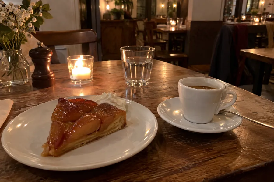 A slice of tarte tatin and an espresso on a bistro table in the evening, next to a candle