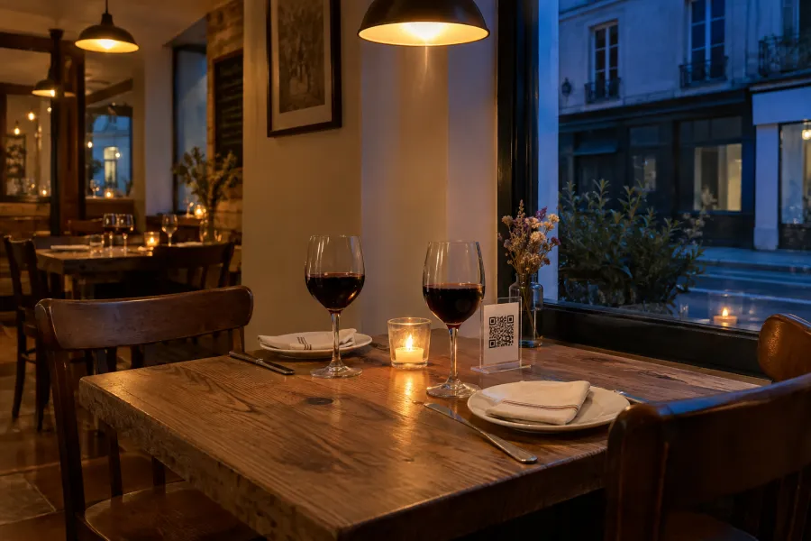 A restaurant table in the evening, with two glasses of red wine, a candle and a small QR code stand, the street outside at dusk
