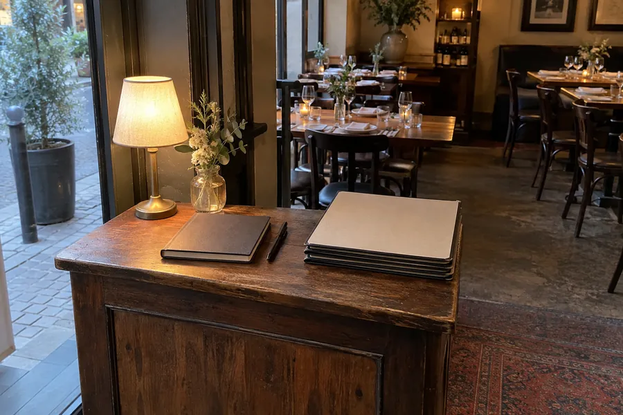 A bistro's wooden host stand by the entrance before evening service, with a lamp, a closed reservations book and a stack of menus