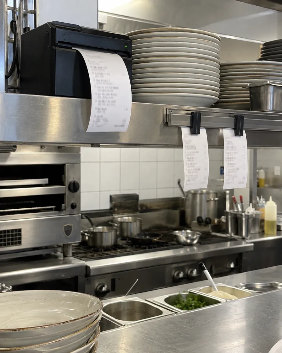 A kitchen ticket printer on a steel shelf above the pass, with a printed order ticket hanging from it