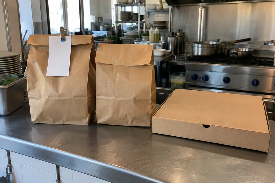 Two paper takeaway bags and a pizza box waiting on a steel counter by the kitchen