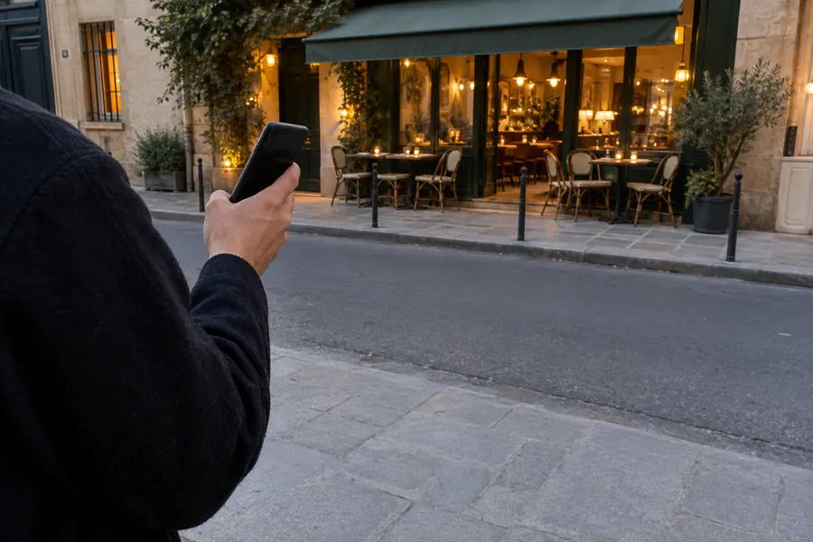 A hand holding a phone on the pavement in the early evening, a small bistro with its lights on across the street