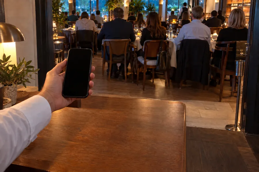 Evening service seen from the entrance, a waiter holding a phone by the host stand in front of a full dining room