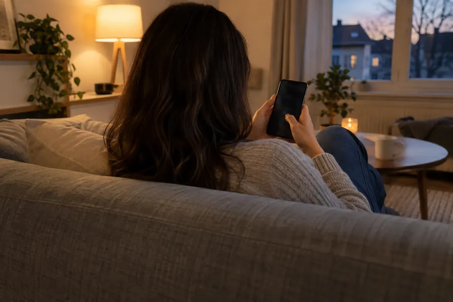 A person on a sofa in the early evening, holding a phone, seen from behind the shoulder
