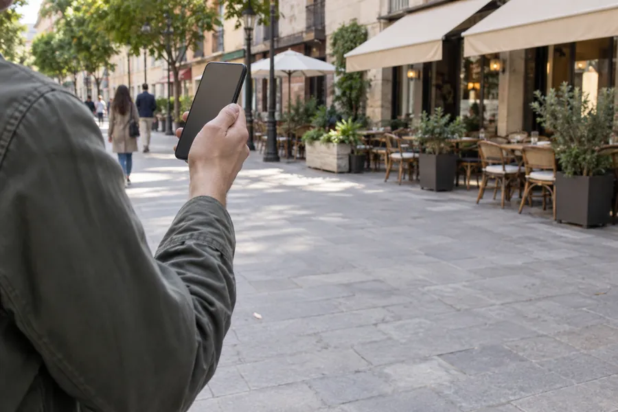 A hand holding a phone on a shopping street in the late morning, small restaurants with terraces in the background
