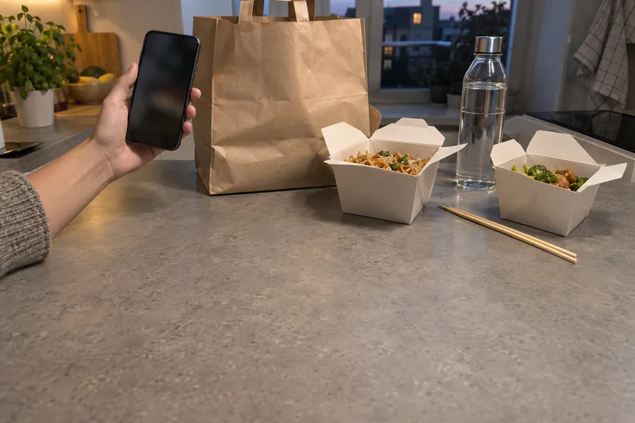 A takeaway bag just opened on a kitchen counter at home, a hand holding a phone next to it